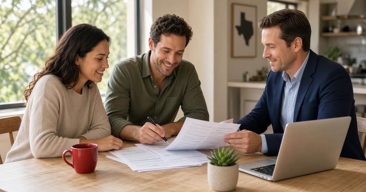 A smiling Texas couple and a loan officer in a navy blazer reviewing property tax and mortgage paperwork with a laptop at a bright dining table