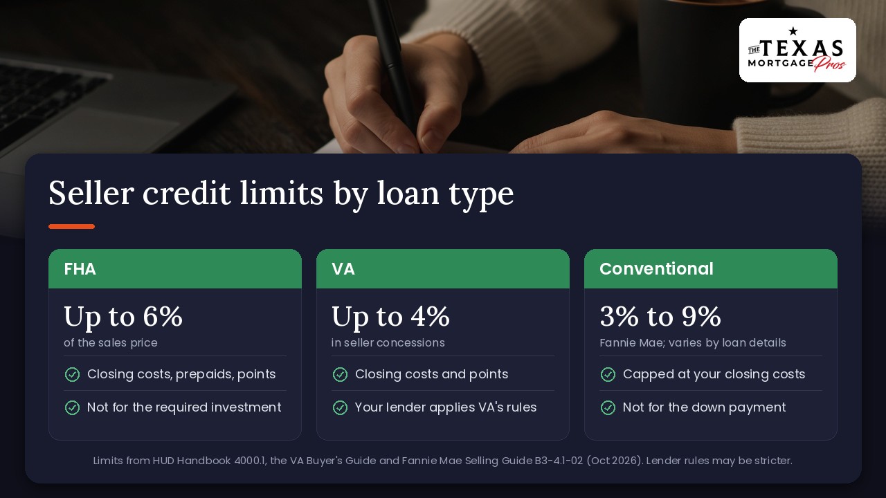 Comparison card of seller credit limits by loan type: FHA up to 6% of the sales price, VA up to 4% in seller concessions, and conventional loans 3% to 9% under Fannie Mae guidelines