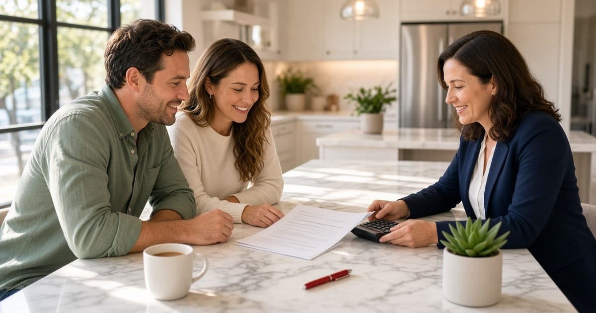 A Texas couple and a loan officer smiling as they review home purchase paperwork and a calculator at a bright marble kitchen table